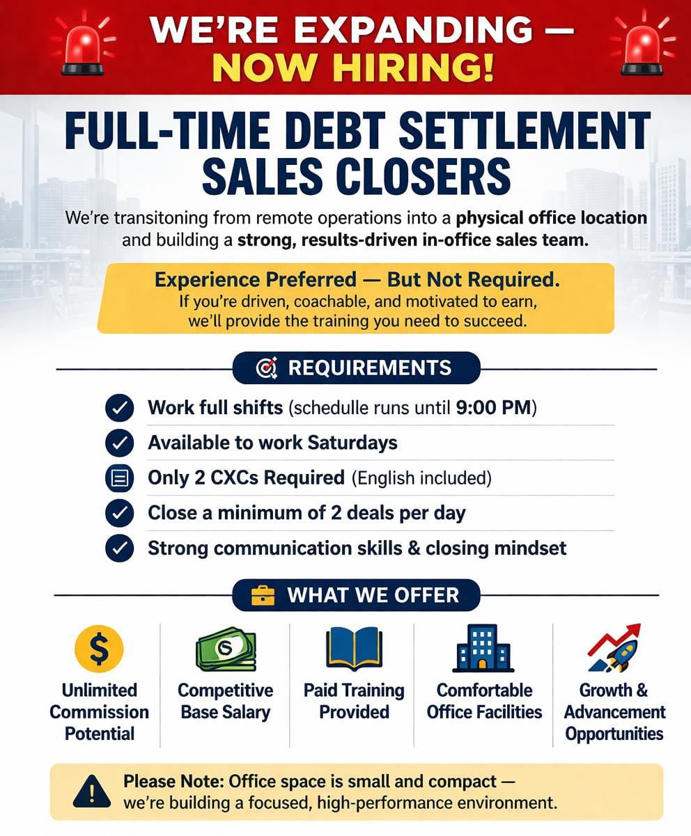 Looking to hire call Center Reps, who are strong Sales closers.