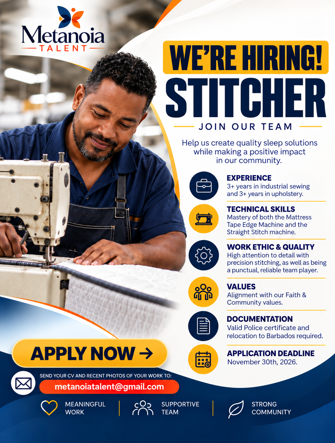 🧵✂️ WE'RE HIRING! INDUSTRIAL STITCHER